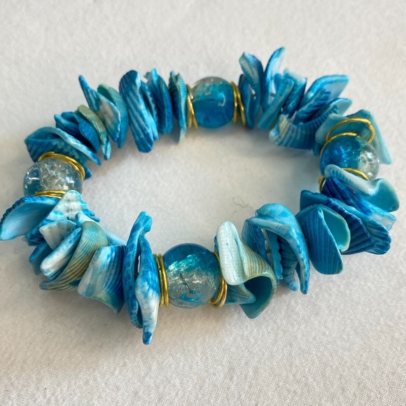 Stretch Bracelet Ocean Blues Faux Sea Shell Beads - Picture 3 of 8